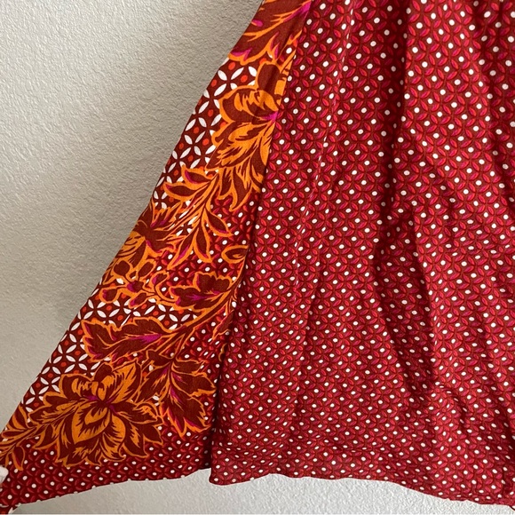 Maeve Anthropologie Red Orange Tie Front Mixed Pattern Skirt - Picture 7 of 8